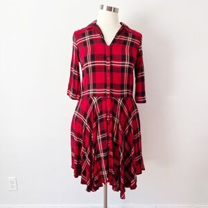 April Cornell Plaid Button Front Dress Red Black 3/4 Sleeve Handkerchief Hem L